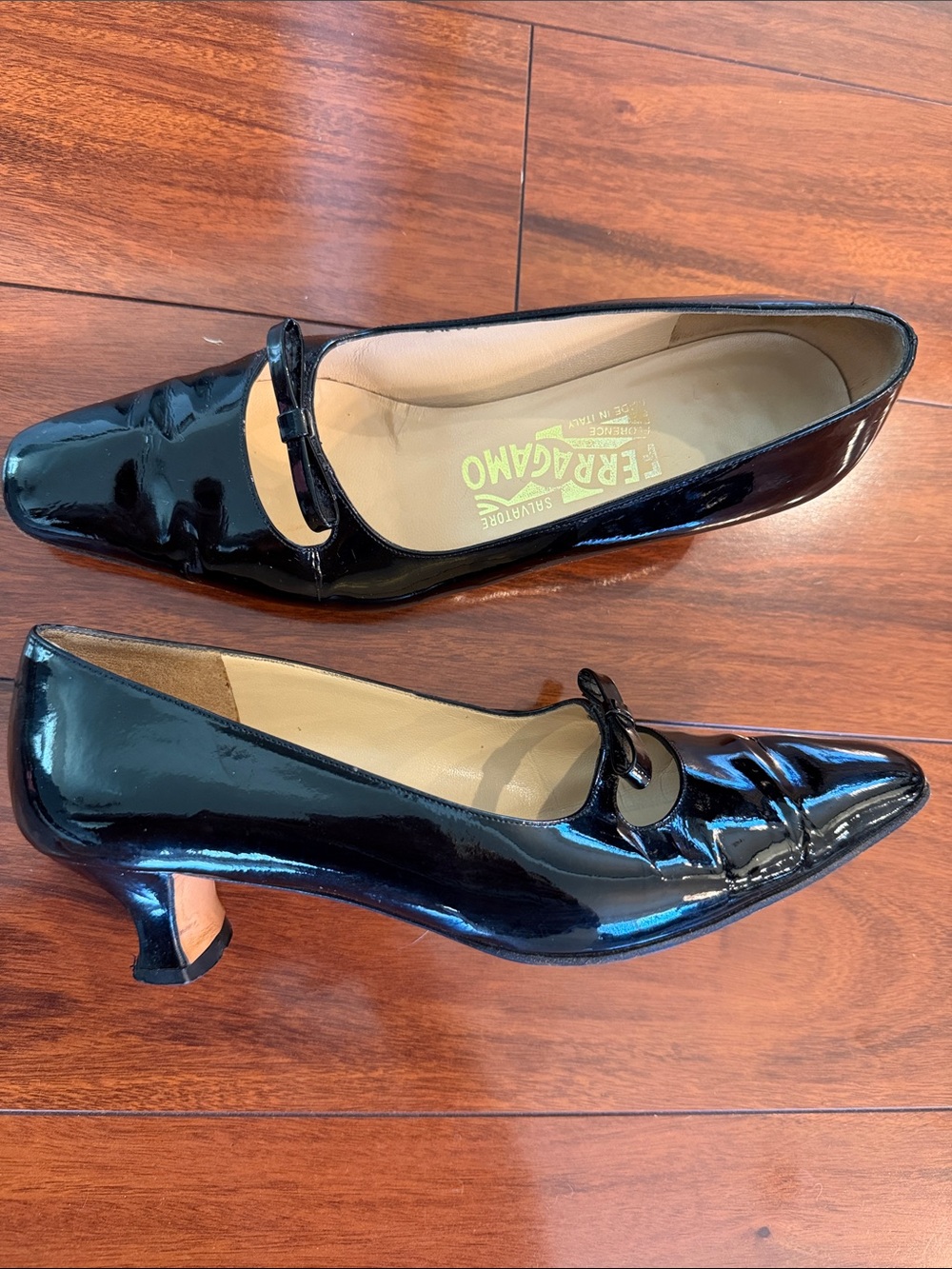 Salvatore Ferragamo Black Patent Leather Mary Jane Kitten Heels